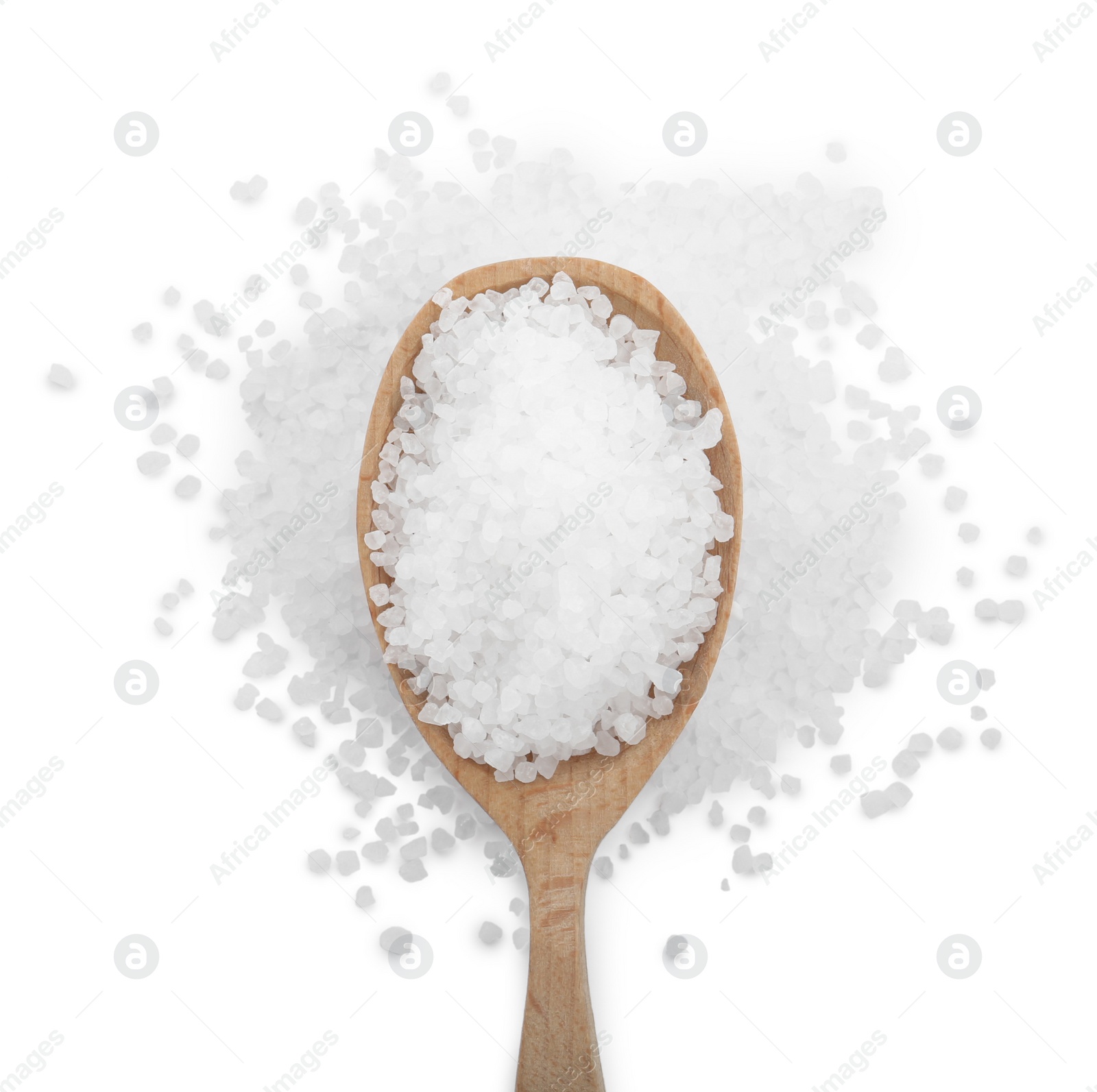 Photo of Natural salt and spoon on white background, top view