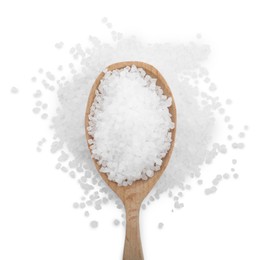 Natural salt and spoon on white background, top view