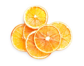 Photo of Delicious dry orange slices on white background, top view