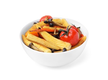 Tasty roasted baby corn with tomatoes and mushrooms isolated on white