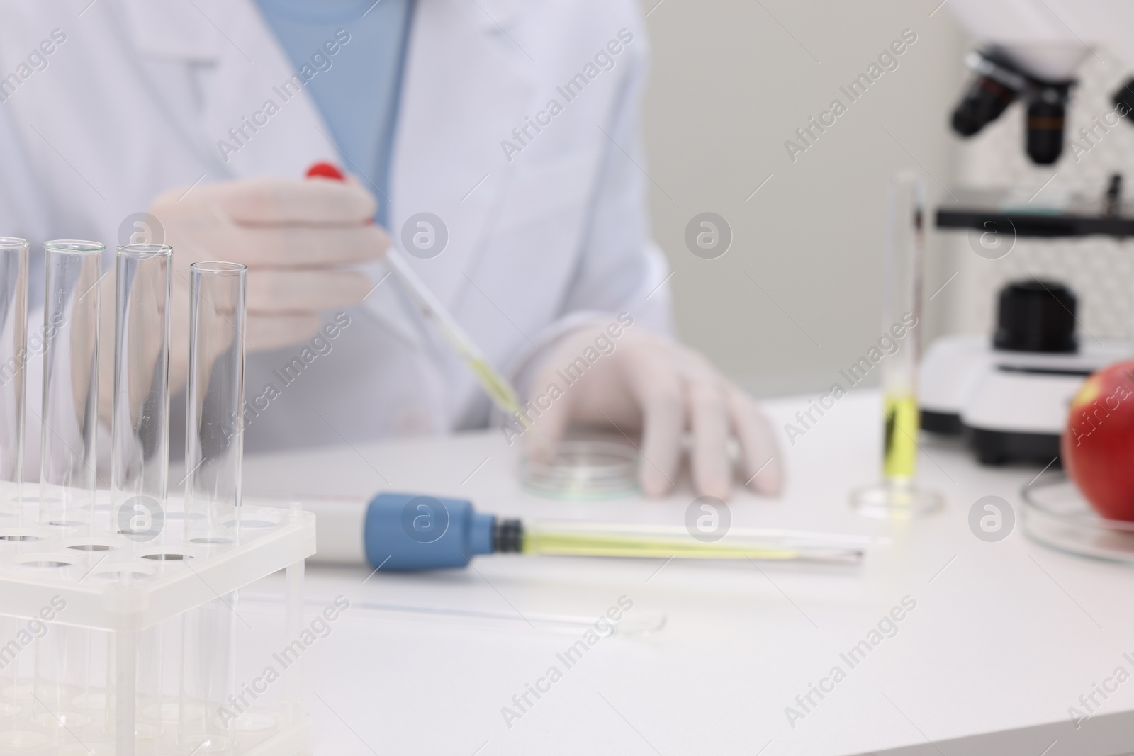 Photo of Quality control. Food inspector working in laboratory, focus on test tubes