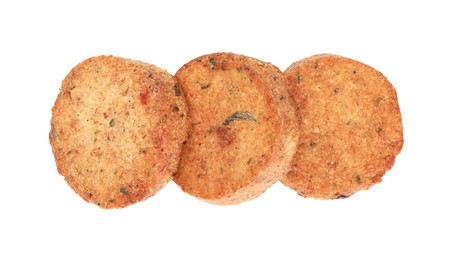 Photo of Delicious vegan cutlets on white background, top view