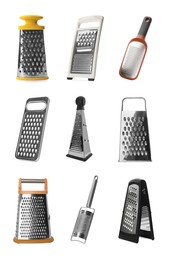 Set with different graters on white background