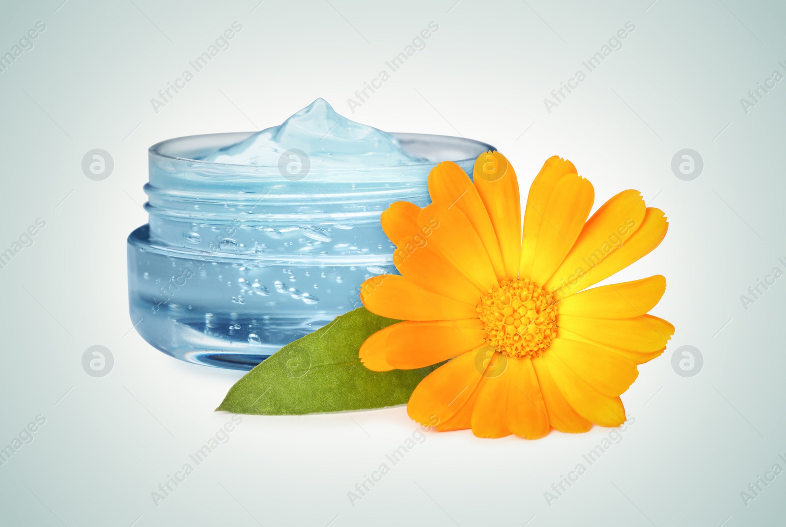 Image of Transparent gel with calendula extract on light background. Natural based cosmetic product