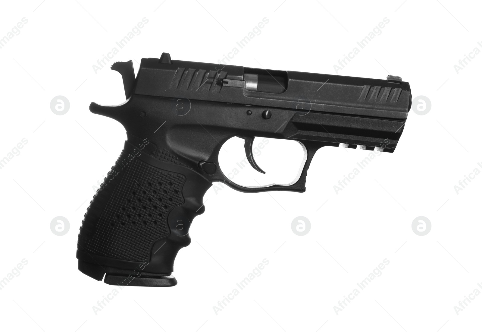 Photo of Standard handgun on white background. Semi-automatic pistol