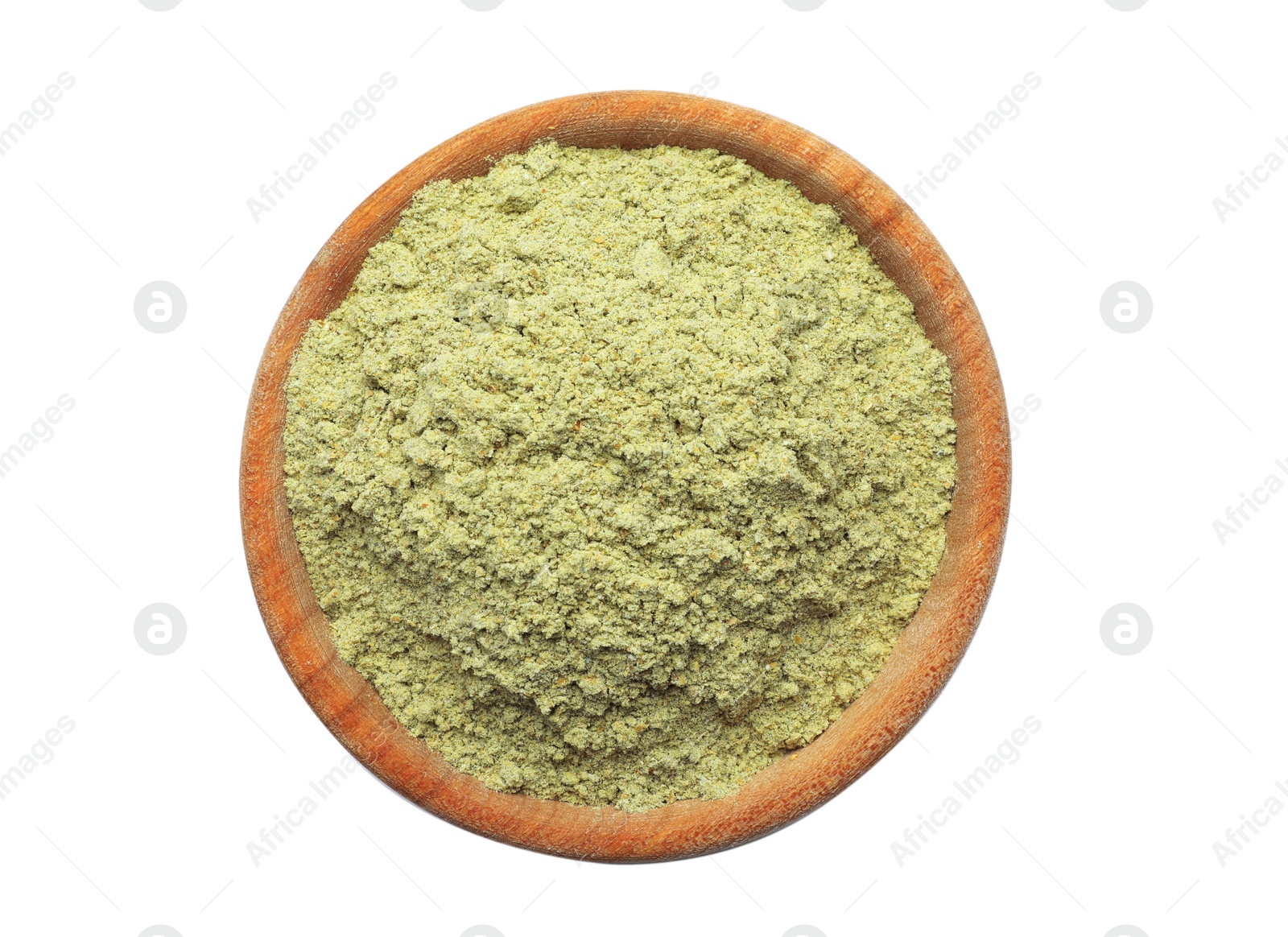 Photo of Bowl of hemp protein powder isolated on white, top view