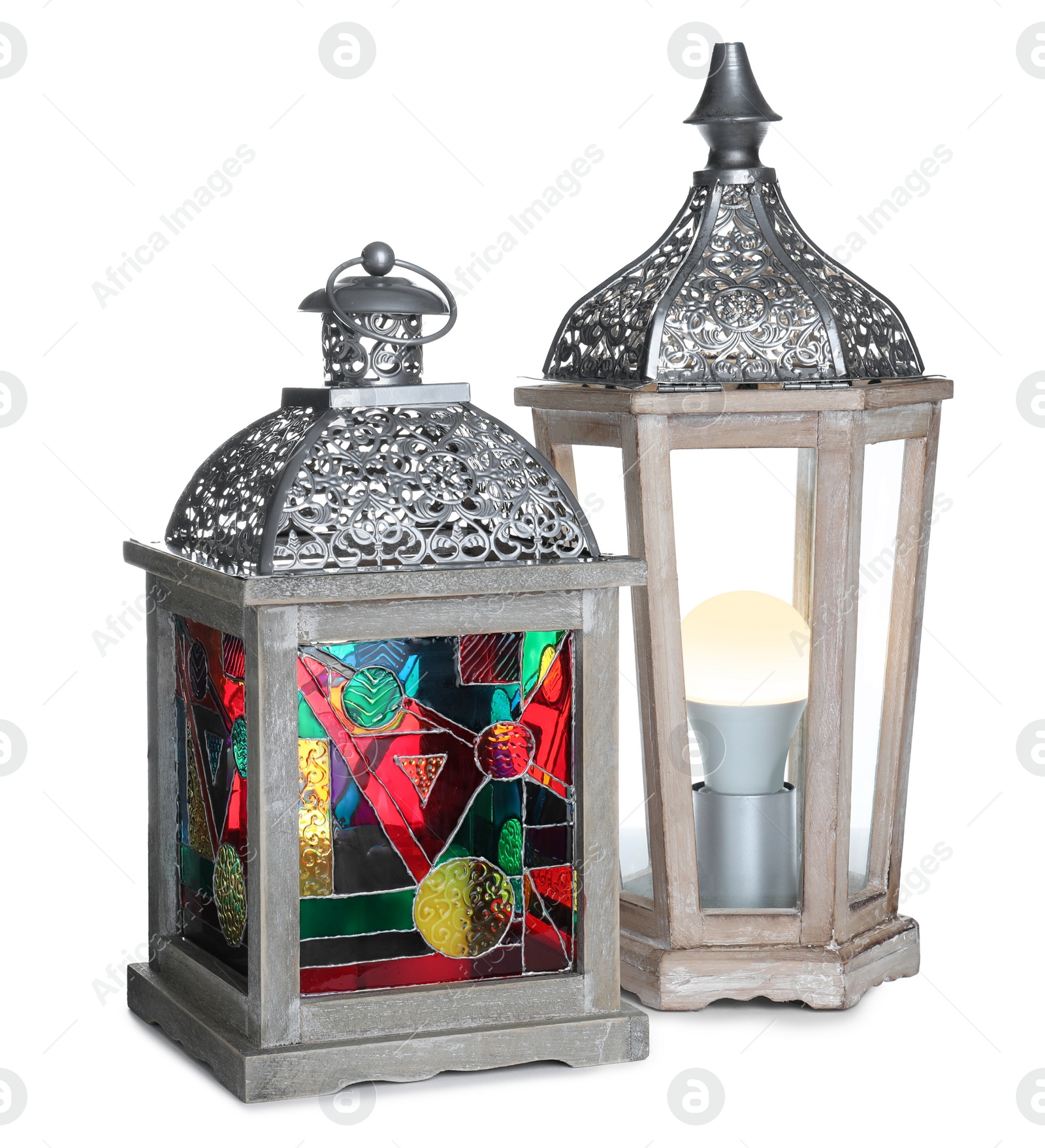 Photo of Different decorative Arabic lanterns on white background