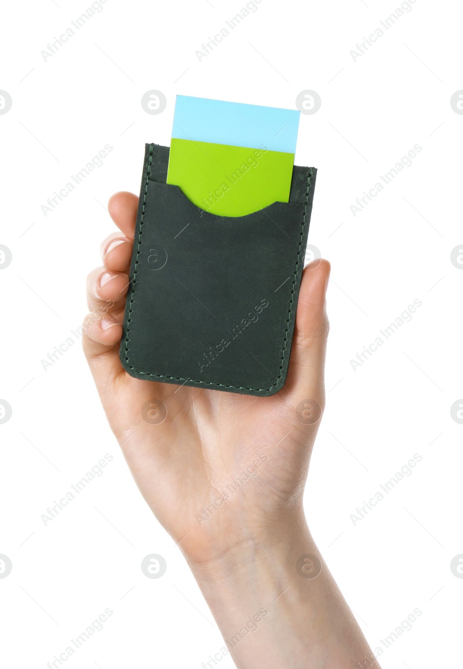 Photo of Woman holding leather business card holder with colorful cards on white background, closeup
