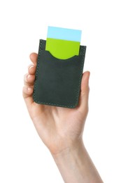 Photo of Woman holding leather business card holder with colorful cards on white background, closeup