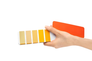 Photo of Woman holding color palette samples on white background