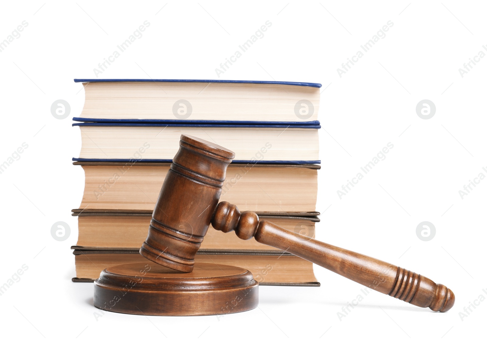 Photo of Wooden gavel and books on white background. Law concept