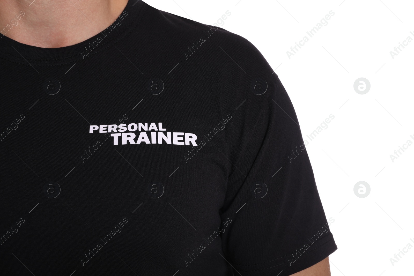 Photo of Personal trainer in uniform on white background, closeup. Gym instructor