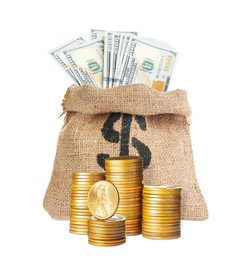 Image of Stacked coins and sack full of money on white background