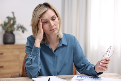 Overwhelmed woman sitting at table in office