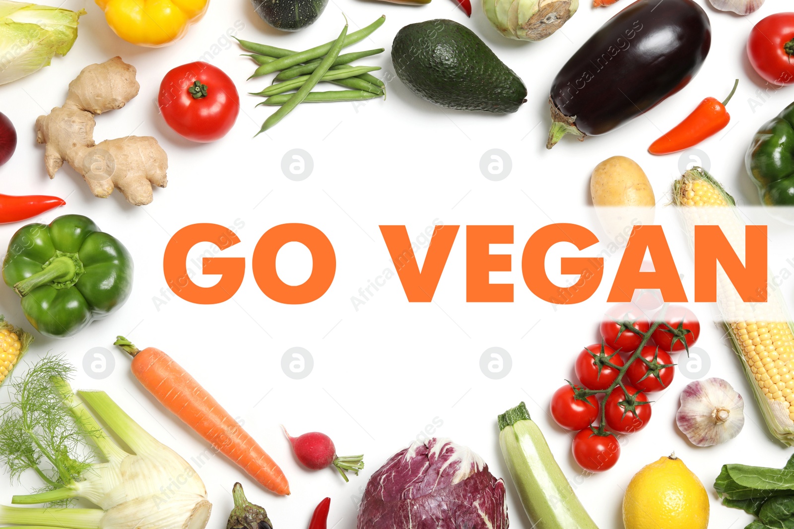 Image of Phrase Go Vegan and fresh vegetables on white background, flat lay