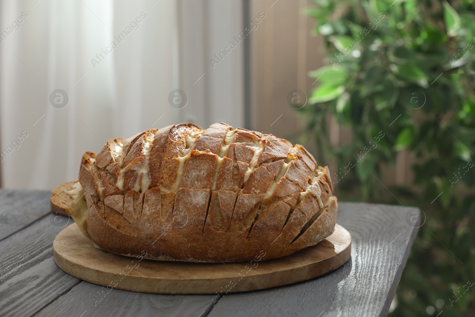 Photo of Freshly baked bread with tofu cheese on grey wooden table indoors