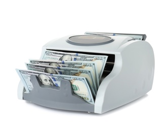 Photo of Modern electronic bill counter with money on white background