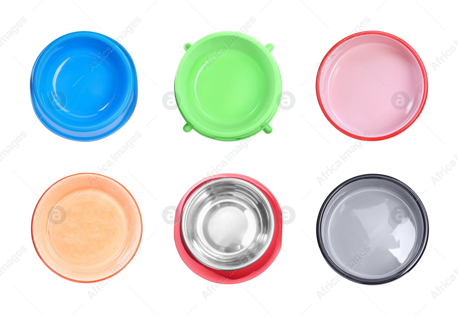 Image of Set with different feeding bowls for pets on white background, top view