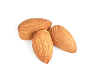 Organic almond nuts on white background, top view. Healthy snack