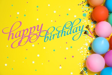 Image of Happy Birthday! Flat lay composition with balloons and confetti on yellow background 
