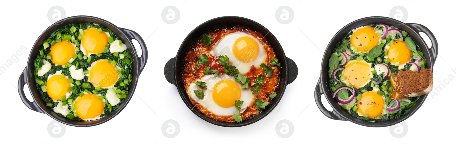 Image of Delicious shakshuka in frying pans isolated on white, top view