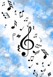 Many music notes and other musical symbols on color background