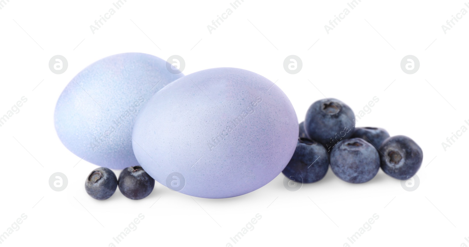 Photo of Colorful Easter eggs painted with natural dye and fresh blueberries on white background