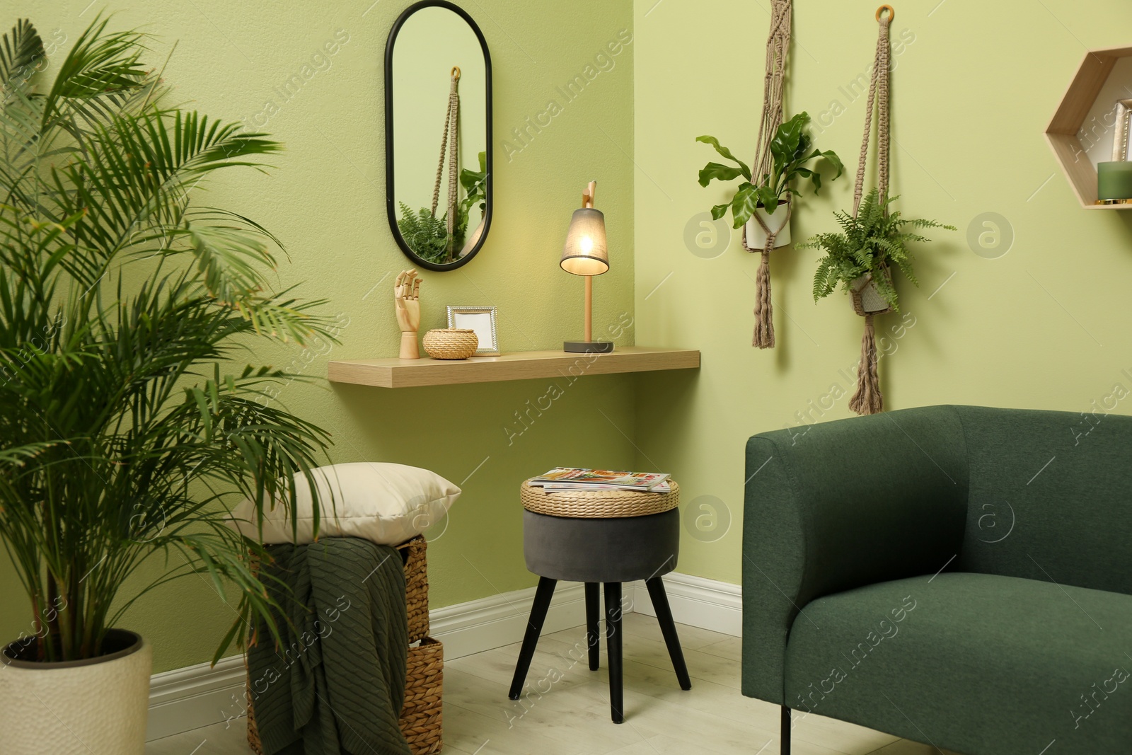 Photo of Living room with comfortable green sofa and houseplants. Interior design