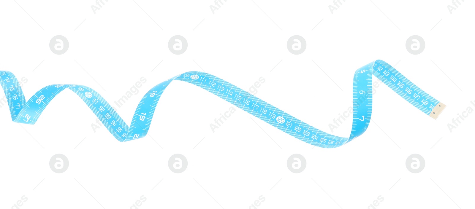 Photo of Light blue measuring tape isolated on white, top view