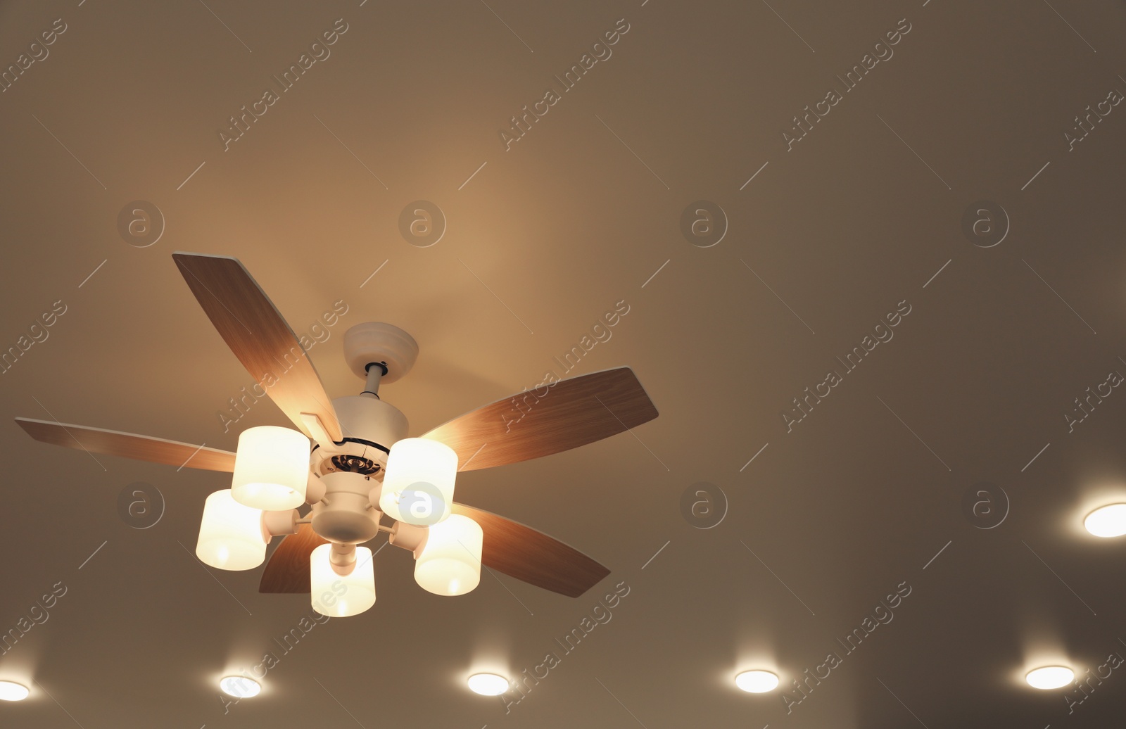 Photo of Modern ceiling fan with lamps indoors, below view