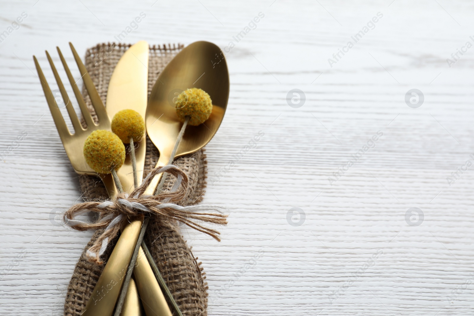 Photo of Cutlery decorated for autumn table setting on white wooden background, space for text