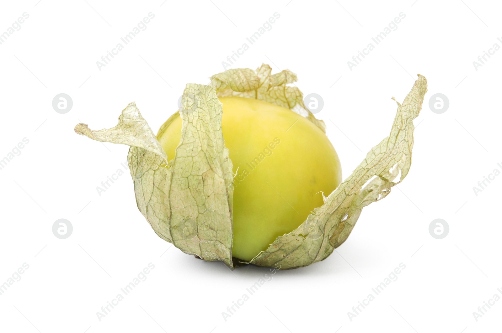 Photo of Fresh green tomatillo with husk isolated on white