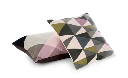 Photo of Different colorful pillows on white background