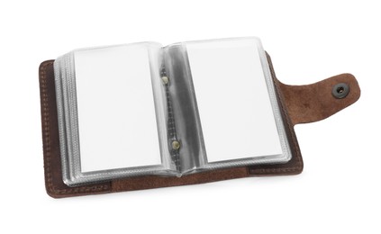 Photo of Leather business card holder with blank cards isolated on white