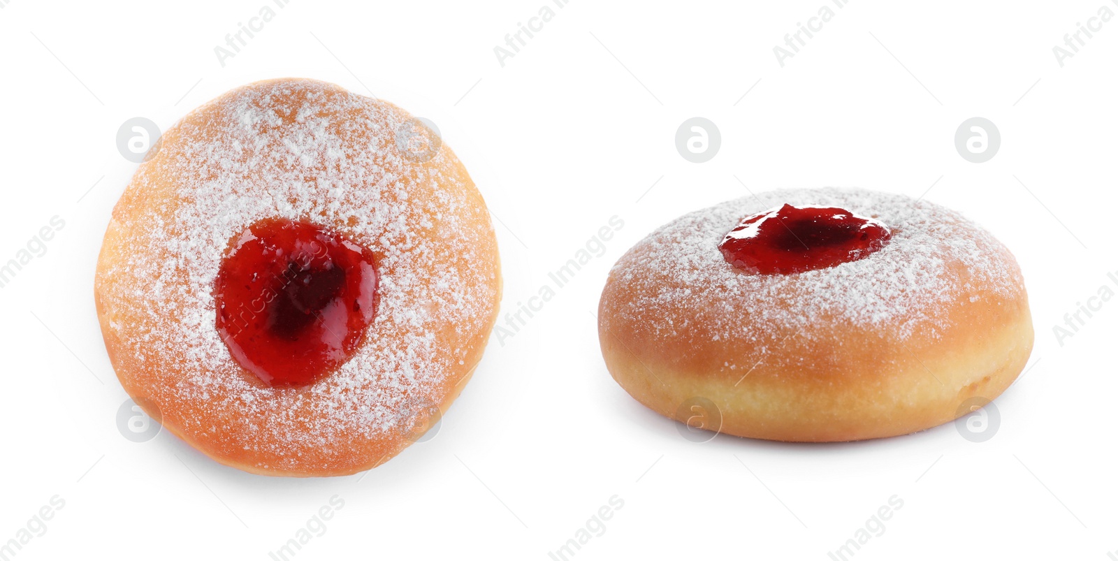Image of Hanukkah doughnuts with jelly and sugar powder on white background 
