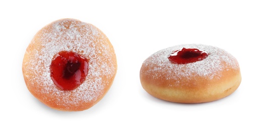 Image of Hanukkah doughnuts with jelly and sugar powder on white background 