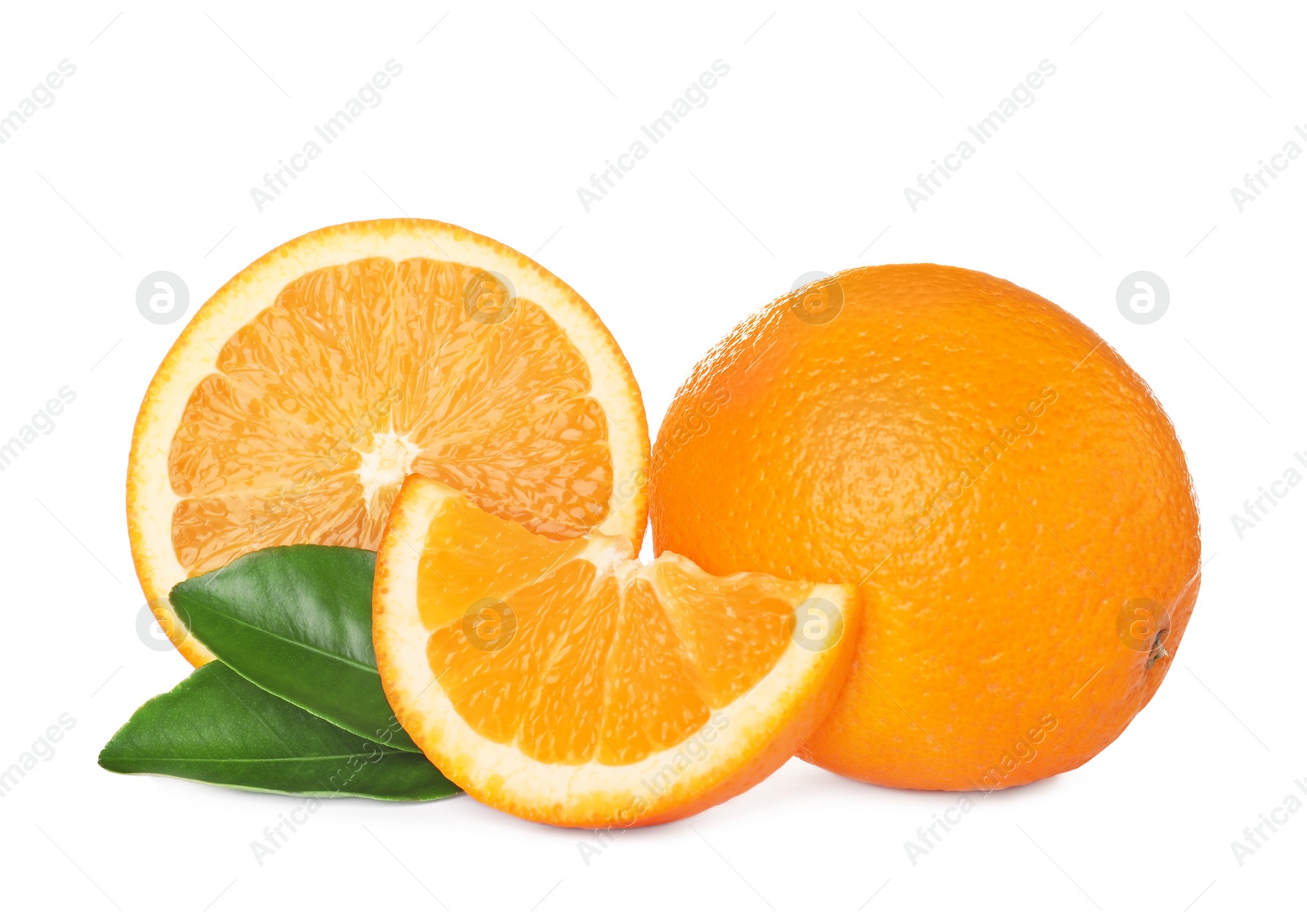 Photo of Fresh ripe oranges with leaves isolated on white