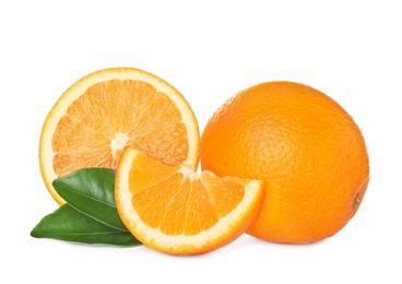 Fresh ripe oranges with leaves isolated on white