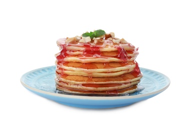 Photo of Plate with delicious pancakes on white background