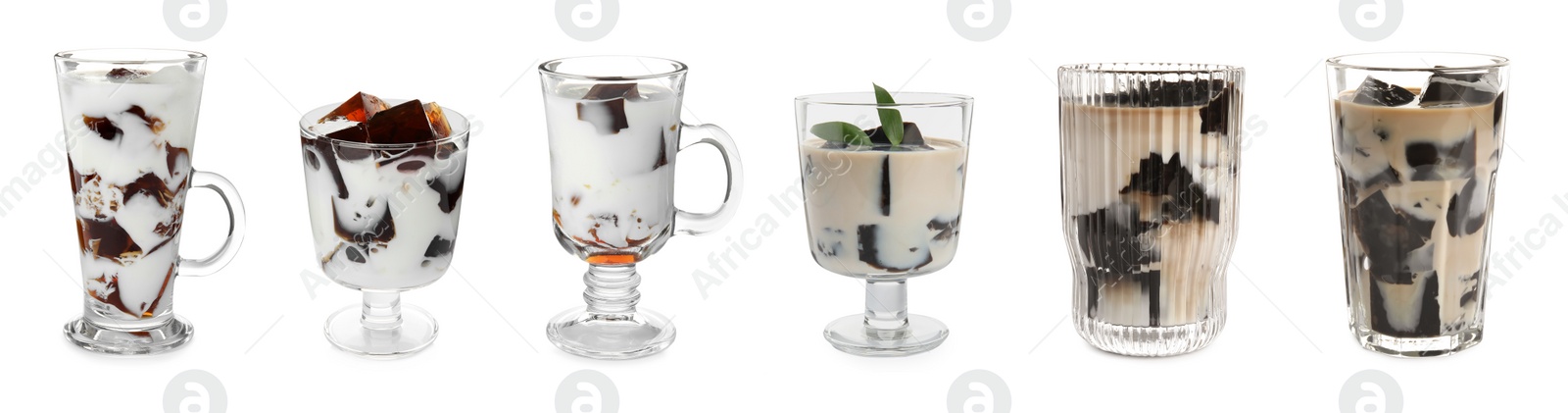 Image of Glasses of milk with tasty grass jelly on white background. Banner design