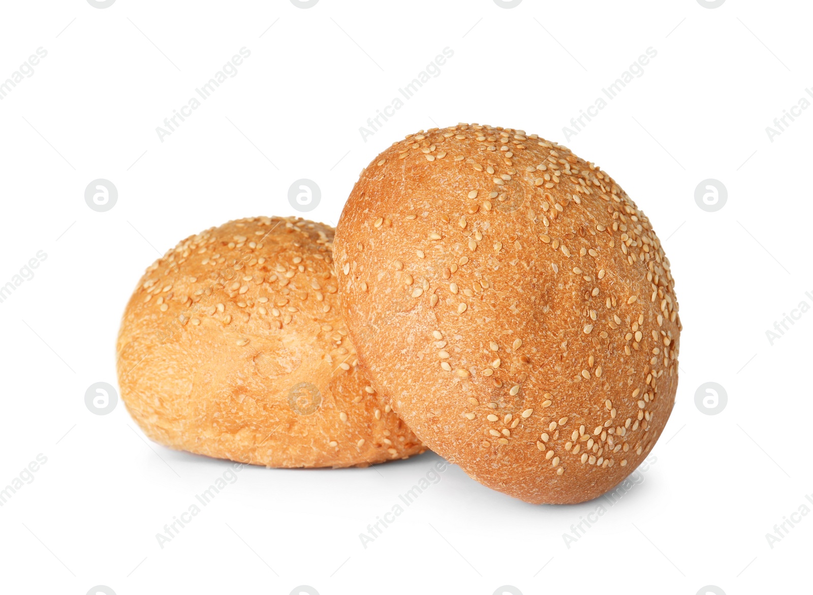 Photo of Fresh burger bun with sesame seeds isolated on white