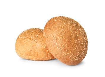 Photo of Fresh burger bun with sesame seeds isolated on white