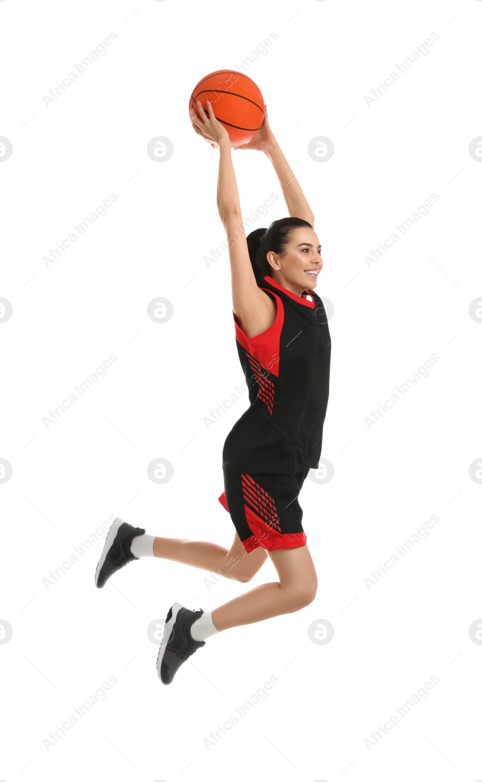Photo of Professional sportswoman playing basketball on white background