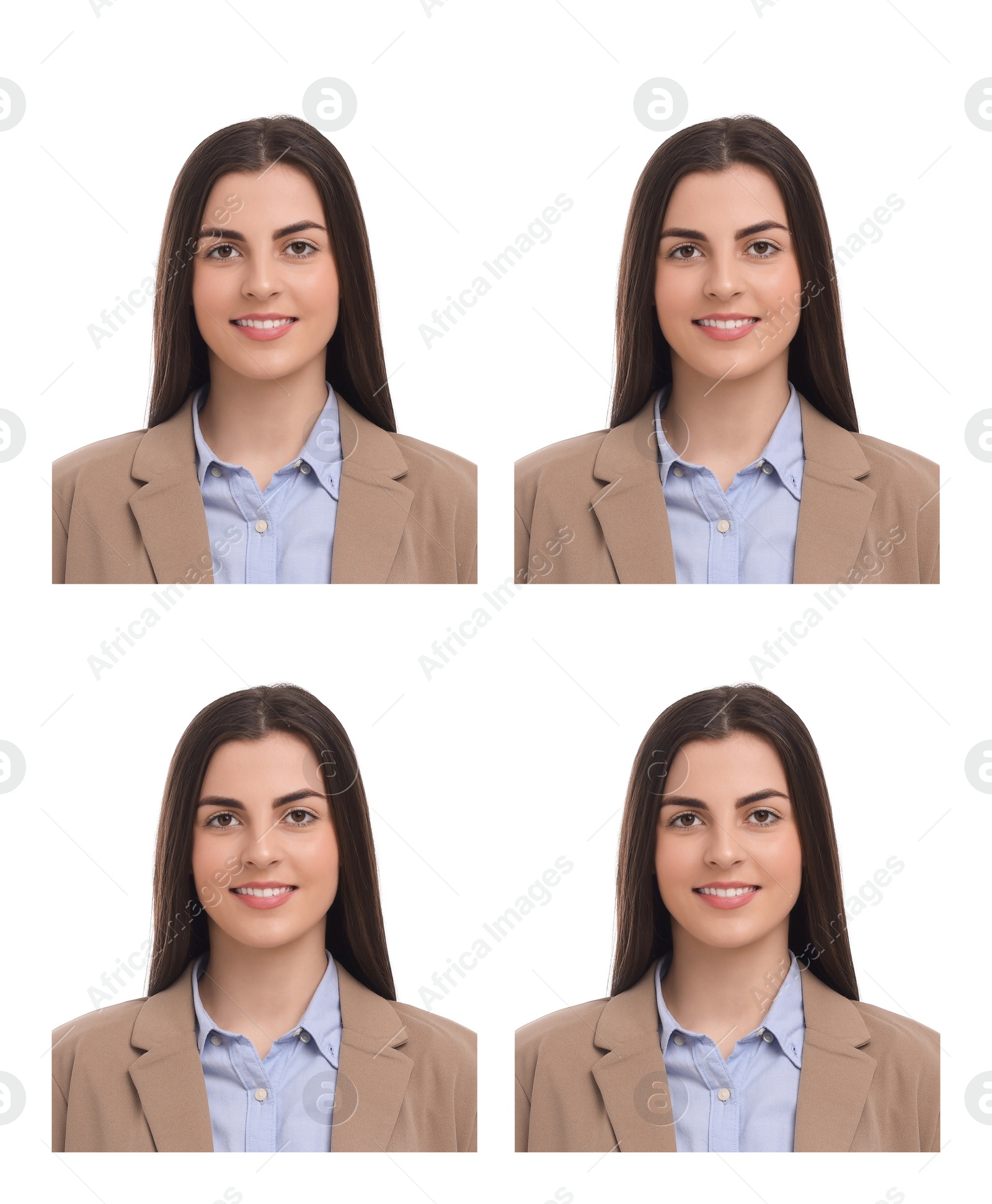 Image of Passport photo, collage. Woman on white background, set of photos