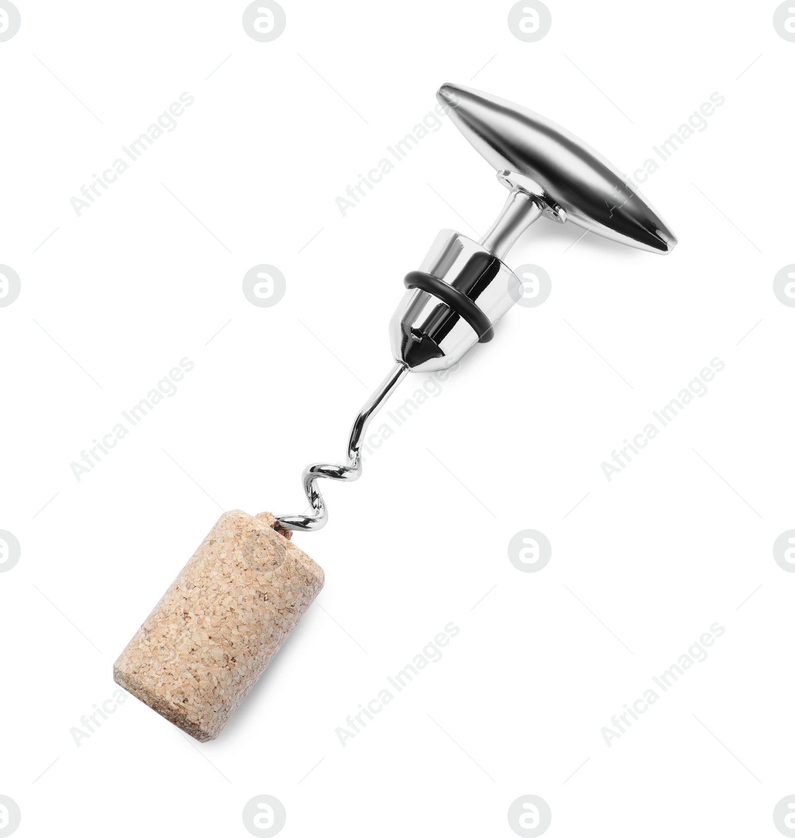 Photo of Corkscrew and wine bottle stopper isolated on white, top view