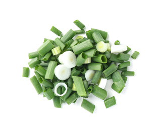 Photo of Cut green spring onion isolated on white, top view