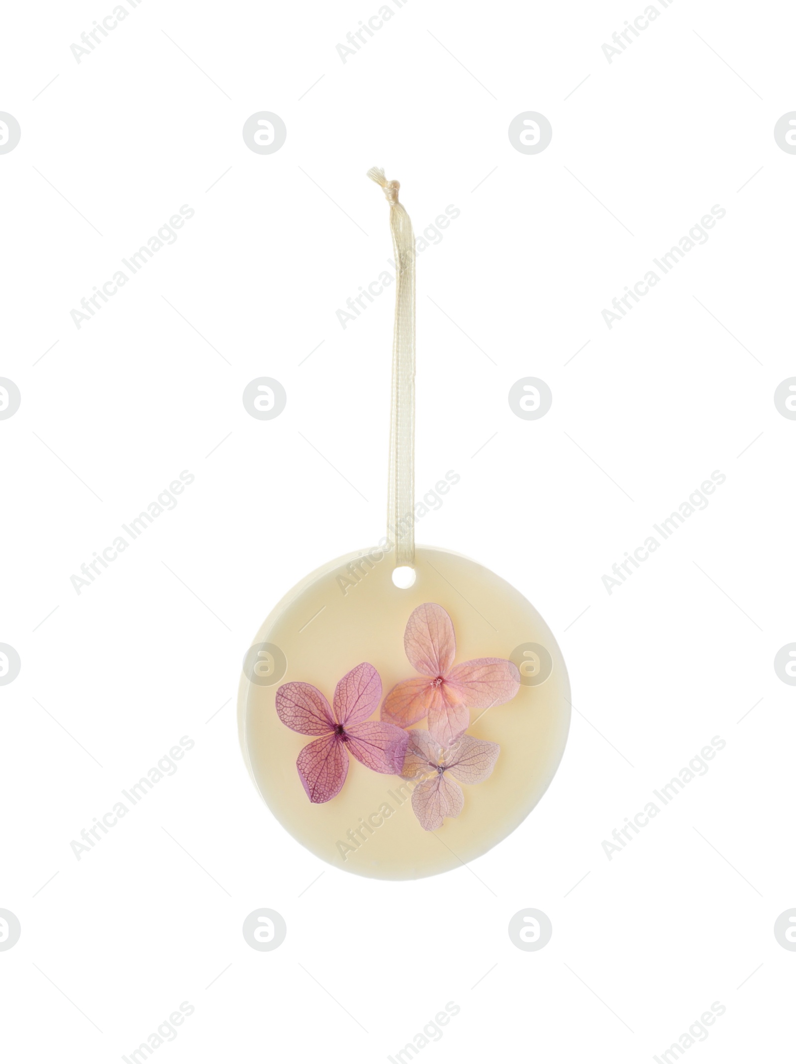 Photo of Beautiful scented sachet with flowers isolated on white