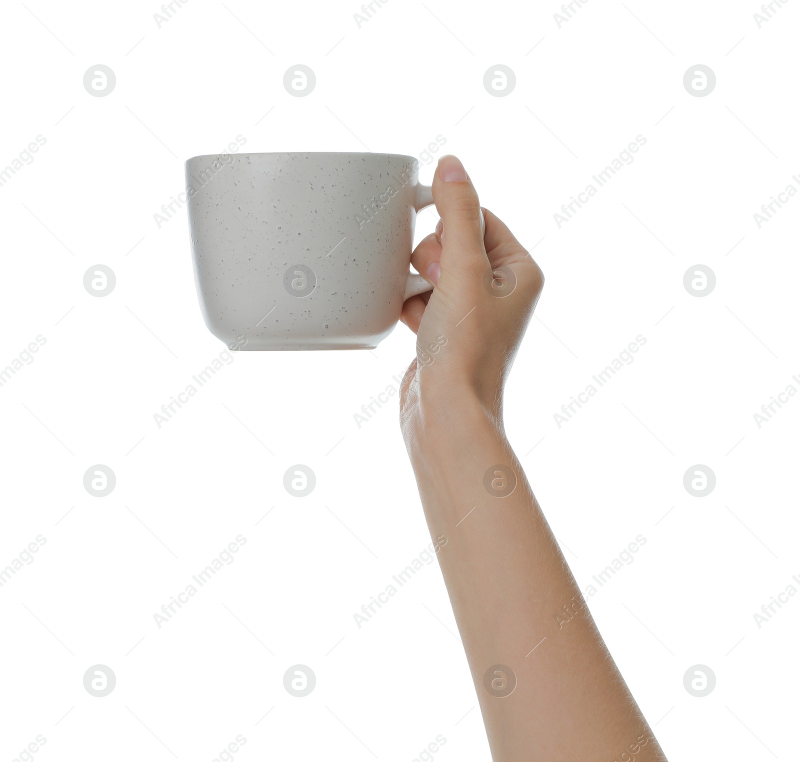 Photo of Woman holding elegant ceramic cup on white background, closeup