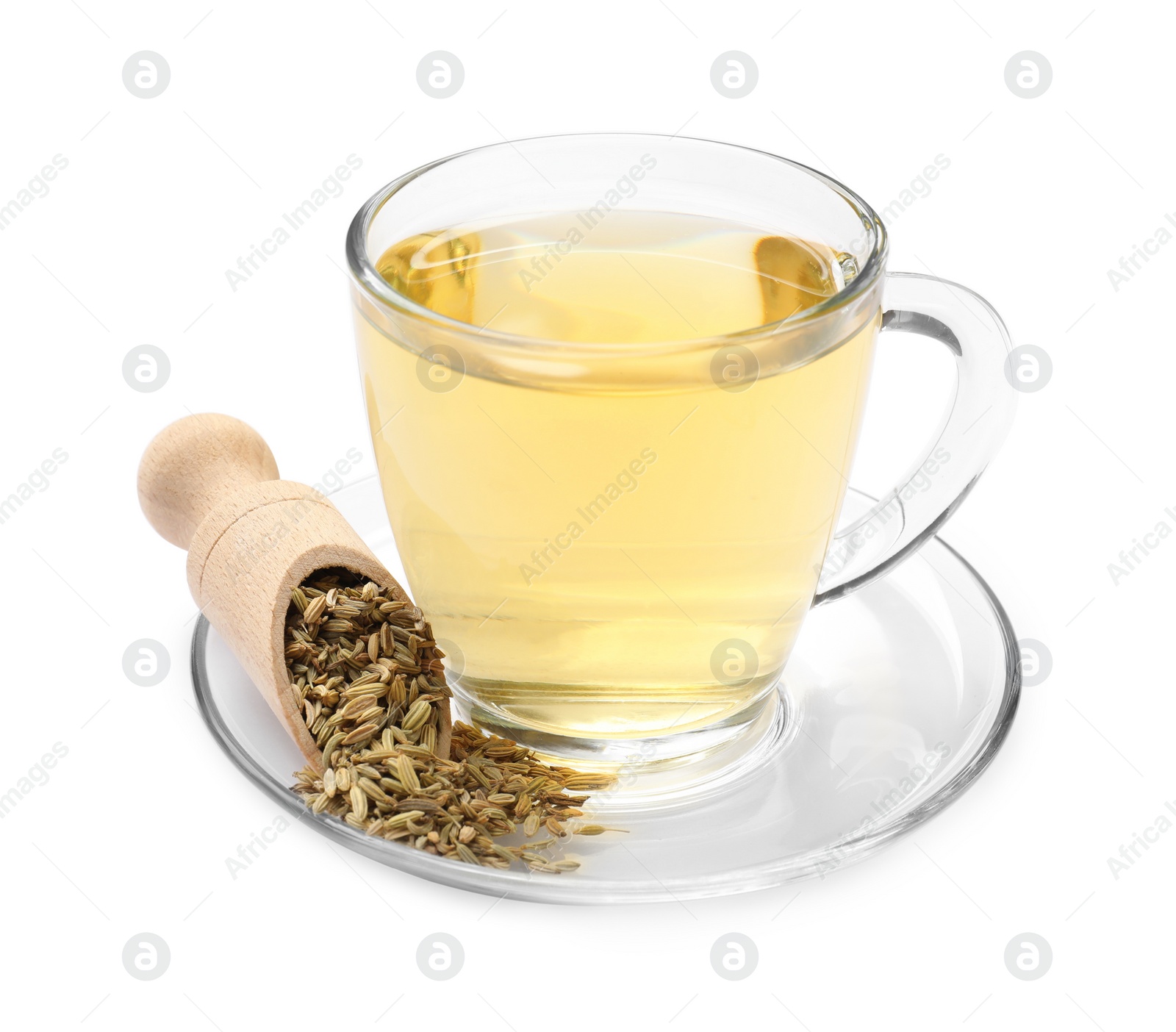 Photo of Aromatic fennel tea in cup, seeds and scoop isolated on white