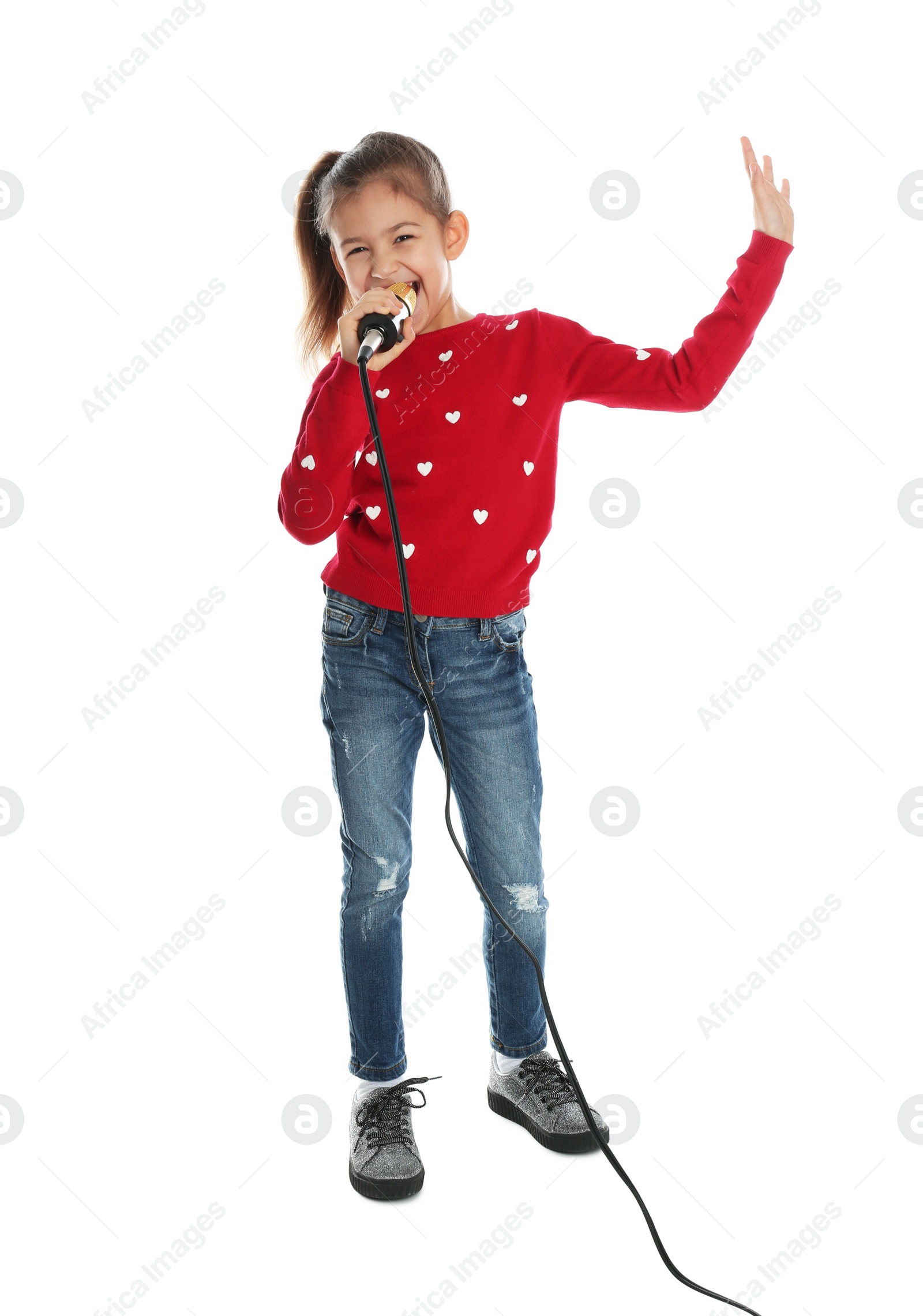 Photo of Cute funny girl with microphone on white background